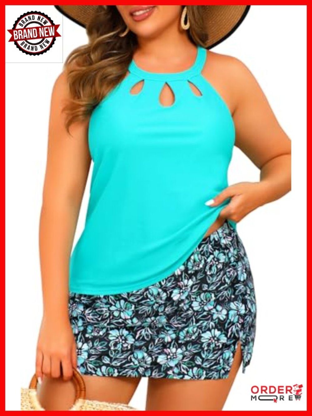 Plus Size Tankini with Skirt - Tummy Control High Neck Swimwear Two Piece